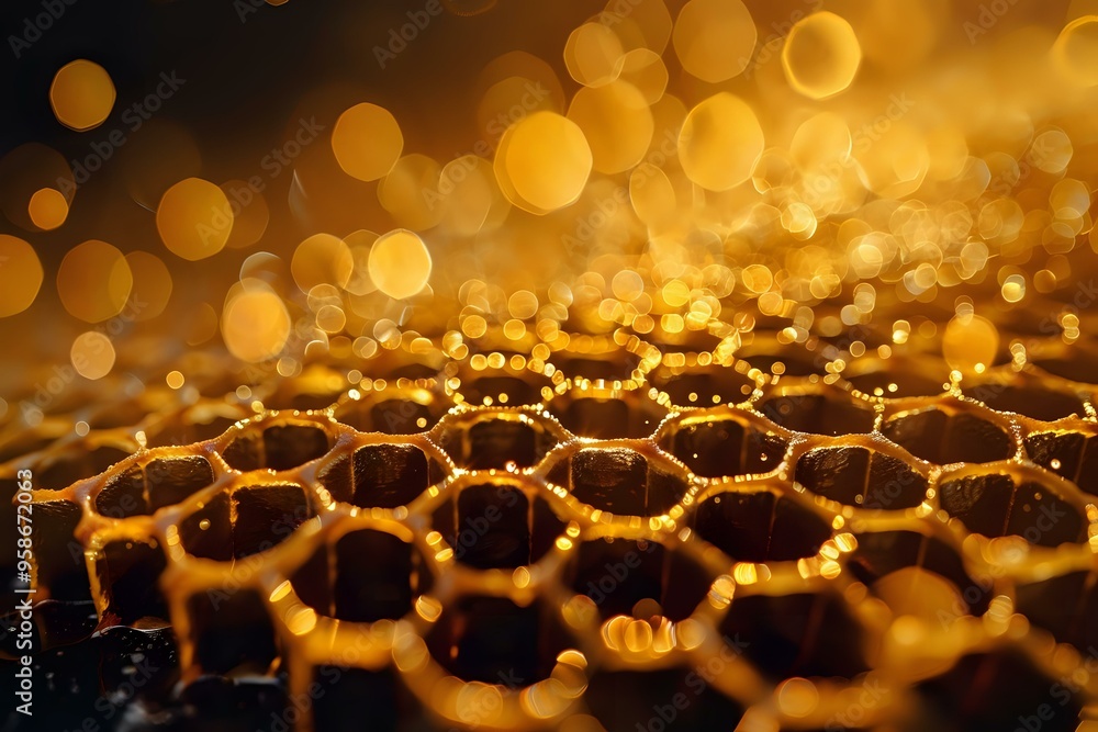 Poster a golden honeycomb illuminated with warm, glowing light, creating a mesmerizing bokeh effect. ideal 
