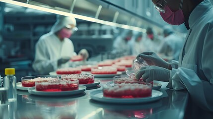 Futuristic Lab Examining Lab Grown Meat Samples for Advanced Food Technology