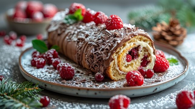 Chocolate Christmas roll cake with cream and fresh raspberries on a white plate on a gray background. Christmas yule log cake 