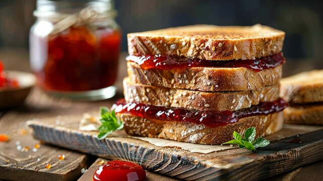 Delicious apricot preserve on multigrain toast prepared for a delightful snack