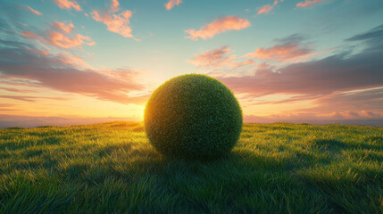 A perfectly round bush set against a stunning sunset backdrop, located on a grassy hill with vibrant skies creating a picturesque and tranquil scene.
