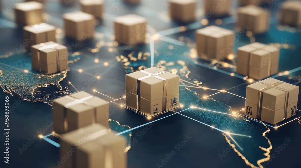 Aufkleber boxes on a world map connected by digital lines, symbolizing faster, cost-effective product delivery