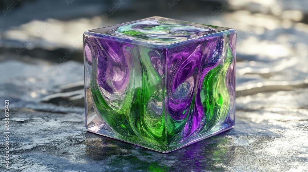 Poster the transparent cube features vibrant purple and green liquid that swirls dynamically within, creati