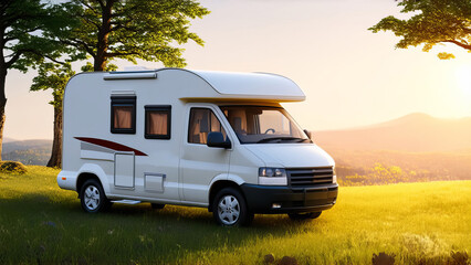 A camper van parked in a scenic landscape during sunset. Travel with camper?van?or motorhome. Resting on an active family vacation on a road trip.