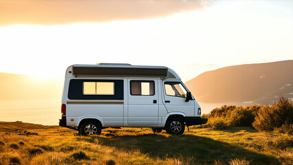 A camper van parked in a scenic landscape during sunset. Travel with camper?van?or motorhome. Resting on an active family vacation on a road trip.