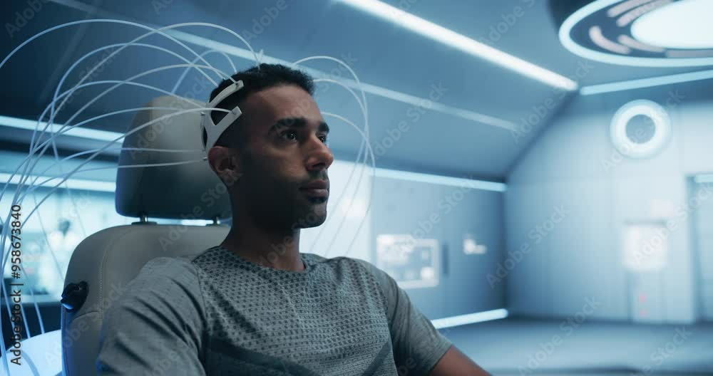 Aufkleber Innovative Laboratory Research Utilizes Advanced Eeg Headset for Cognitive Assessment. Futuristic Lab With Advanced Brain-computer Interface and Neural Signal Analysis in Medicine. Patient Arc Shot