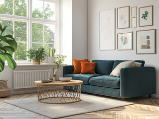 Obraz premium A midcentury modern interior in a living room with a wall hanging with art frames and a sofa and table. Generative AI 
