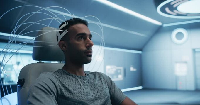 Innovative Laboratory Research Utilizes Advanced Eeg Headset for Cognitive Assessment. Futuristic Lab With Advanced Brain-computer Interface and Neural Signal Analysis in Medicine. Patient Arc Shot