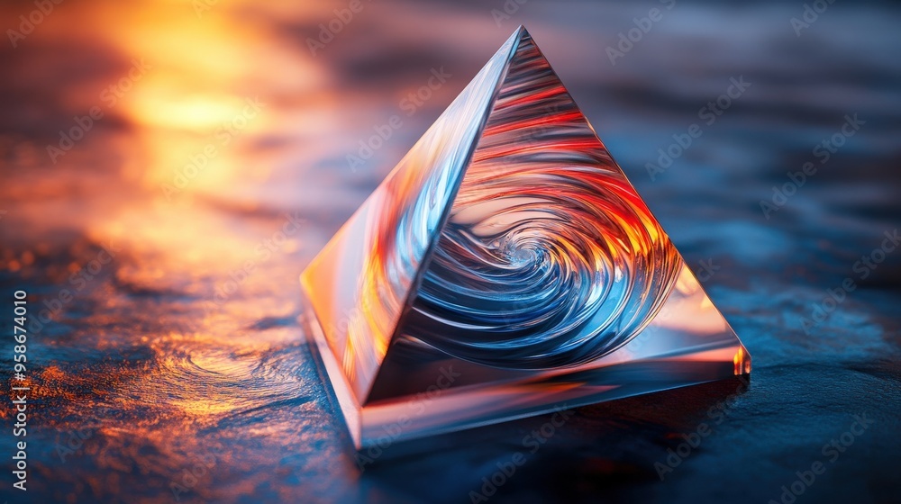 Poster a clear prism captures swirling blue and red liquid, reflecting warm light in unique patterns. the v