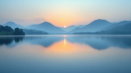 Obraz premium Tranquil Evening by the Lake, a serene body of water reflecting the fading hues of dusk, surrounded by gentle ripples and soft shadows.