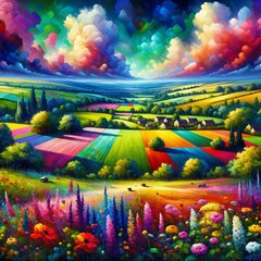 Vibrant fields stretch into the horizon, painted in a patchwork of colors under a sky filled with dramatic clouds. A village sits amidst the trees, with flowers in the foreground. (Gen, A.I.)