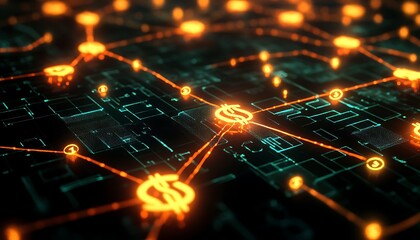 Digital Representation of a Global Financial Network with Glowing Nodes and Connecting Currency Symbols in a Complex Dark Grid Background