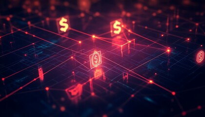 Digital Representation of a Global Financial Network with Glowing Nodes and Connecting Currency Symbols in a Complex Dark Grid Background