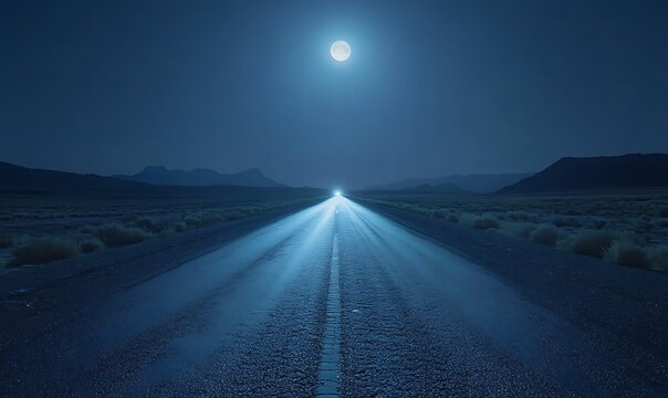 A lone road through a desert landscape illuminated by moonlight