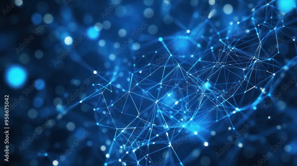 Poster a blue background filled with a complex network of interconnected dots and lines, representing a tec
