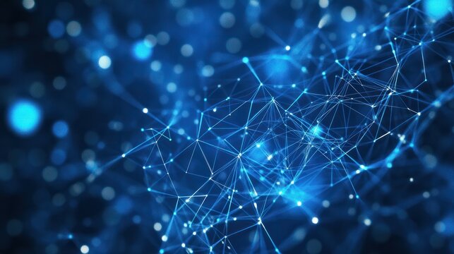 A blue background filled with a complex network of interconnected dots and lines, representing a technological or digital concept.