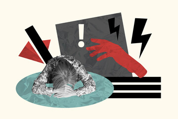 Composite photo collage of upset girl put head down stress hand abuse harassment depression concept...