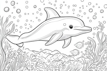 Obraz premium Cute dolphin with background coloring page for kids. Funny animal outline illustration. Generative Ai