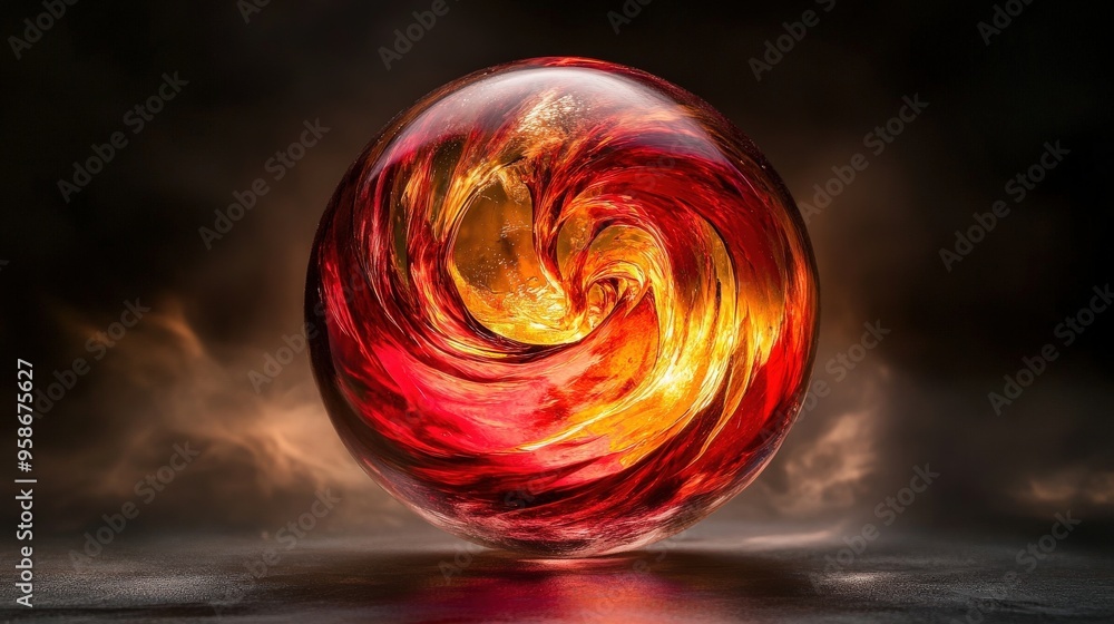 Poster the clear sphere captivates with a dynamic swirl of red and gold liquid, illuminated by a soft, dark