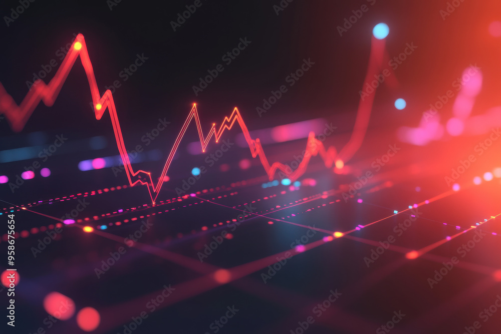 Poster abstract visualization of financial data and market trends with a colorful graph on a dark backgroun