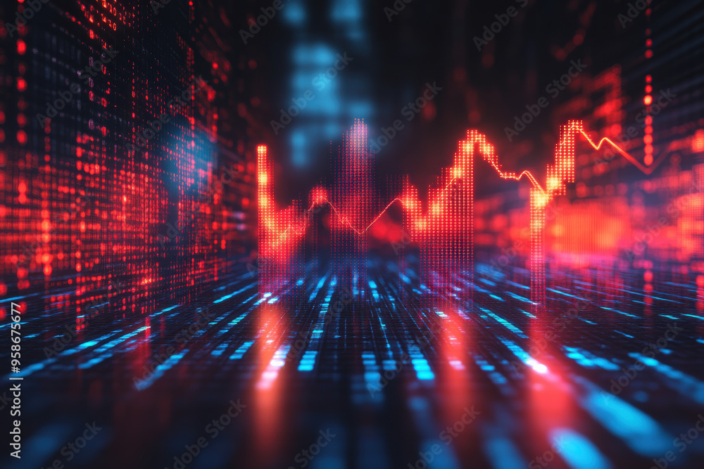 Poster abstract digital background with glowing data charts and binary code, representing financial growth 