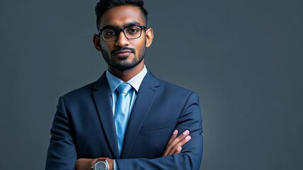 A young businessman in a tailored navy suit and light blue tie stands confidently with arms crossed.