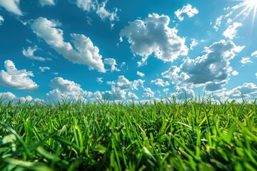 Fototapeta premium Grassy field with sun shining through the clouds and blue sky, nature background
