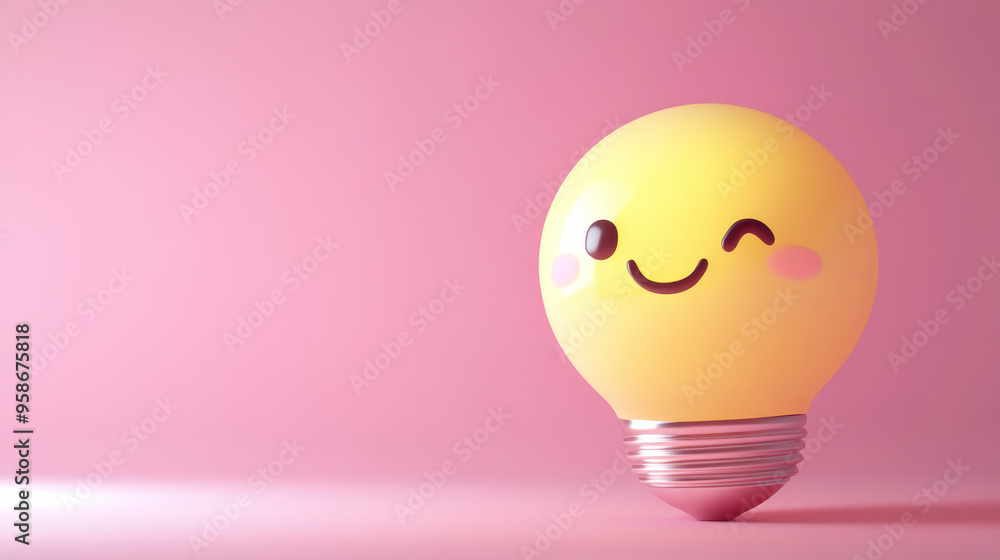 Poster cute lightbulb with a smiling face on a pink background, creating a cheerful and playful atmosphere 
