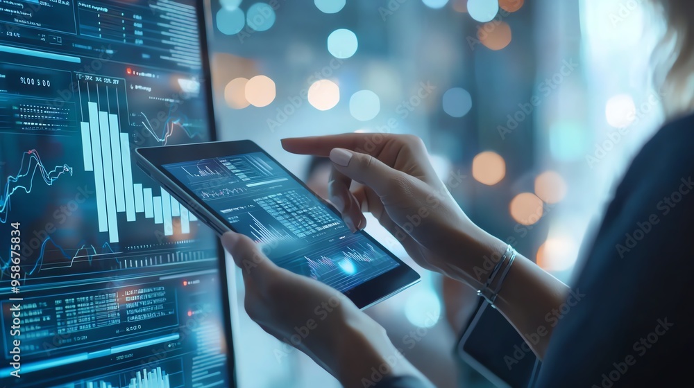 Poster a person analyzing financial data on a tablet in a modern office environment with digital graphs and