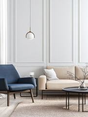 Minimalist, photos of modern Scandinavian interiors in a living room with an armchair. Generative AI
