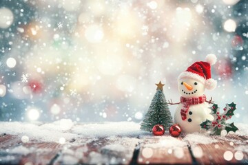 Snowman with Christmas Tree and Holly on a Snowy Wooden Surface