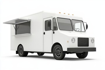 Naklejka premium A white food truck with an open serving window, designed for mobile food service.