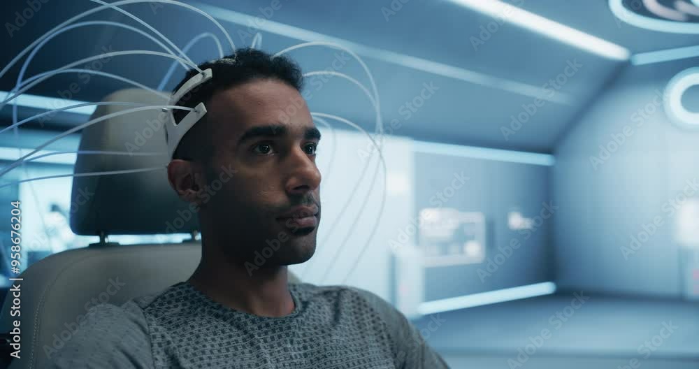 Poster futuristic laboratory research: portrait of a patient wearing advanced eeg headset. static close-up 