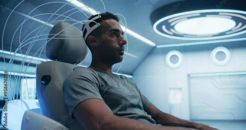 Poster Pioneering Laboratory Research: Patient Engages in Cognitive Analysis Using Advanced Eeg Headset. High-tech Lab Innovative Science, Medicine, and Progress in Neural Interface Tech. Portrait Arc Shot
