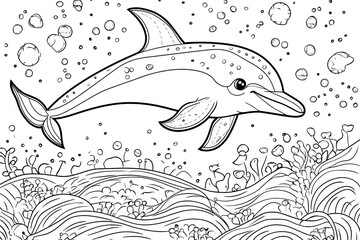 Obraz premium Cute dolphin with background coloring page for kids. Funny animal outline illustration. Generative Ai