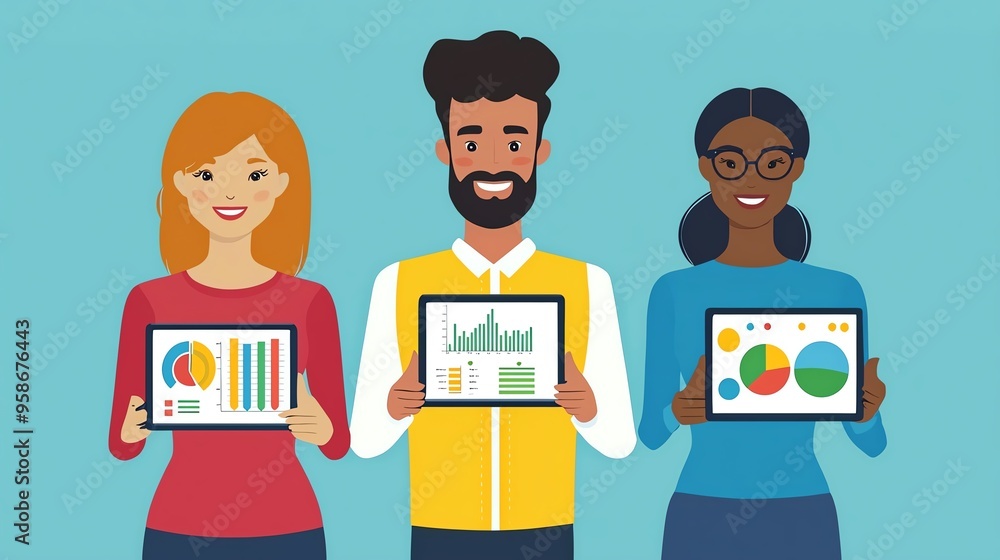 Aufkleber three diverse professionals showcase digital charts and graphs on tablets, representing teamwork and