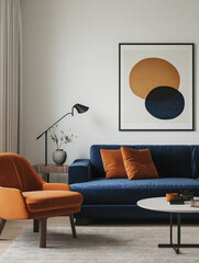 Minimalist Mid-Century Modern interior photo of a small apartment living room with white walls hanging with art frames and primary colored sofas and cushions. Generative AI
