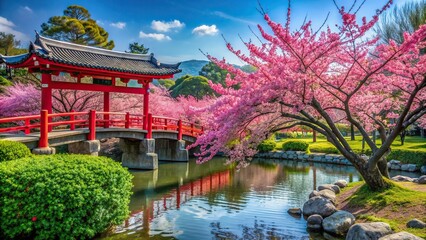 Fototapeta premium Japanese culture, A vibrant Japanese plum tree known as ume stands in full blossom surrounded by a blooming garden with a striking red torii gate and a bridge in the foreground