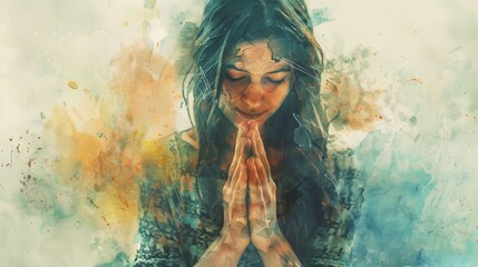 Watercolor illustration of a woman praying