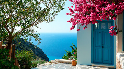 Fototapeta premium A Mediterranean view featuring a serene sea, vibrant villa, and whitewashed house under a clear blue sky with trees and flowers