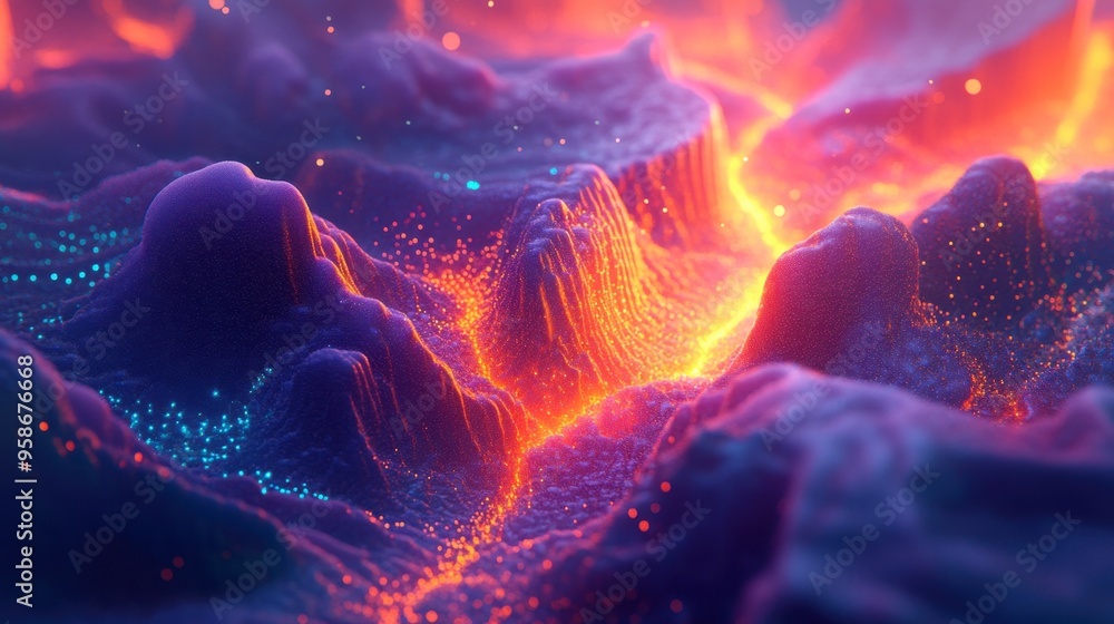 Poster a 3d abstract multicolor visualization with layers of glowing shapes and light, creating a sense of 