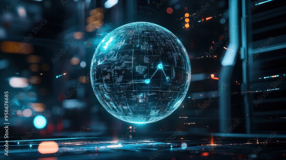 Poster a hologram of allusive technology for global network communication and connection symbol