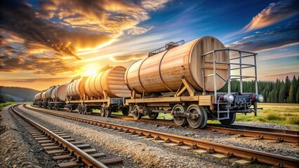 Naklejka premium A stock photo featuring a fuel wagon and a lumber wagon waiting side by side utilizing forced perspective to create a visually captivating image, transport, stock photo, supply chain