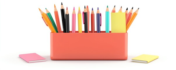 Fototapeta premium Vibrant colored pencils arranged in a container with notebooks, perfect for art, education, and creative activities.