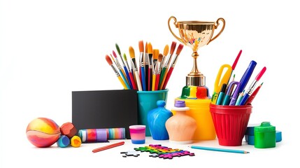 Fototapeta premium A vibrant collection of art supplies and a trophy, perfect for creative projects or educational themes.