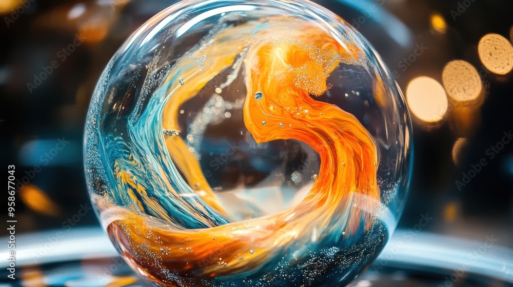 Poster a vibrant sphere showcases a captivating interplay of swirling orange and blue hues. bubbles dance w