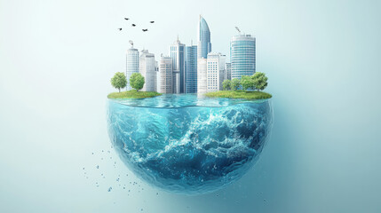 Floating cityscape globe with skyscrapers, trees, and water, symbolizing sustainable urban development and environmental balance.