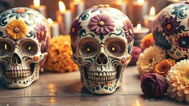 Animation of colorful skulls decorated with a floral pattern, surrounded by flowers and burning flowers. Celebrating the Day of the Dead.