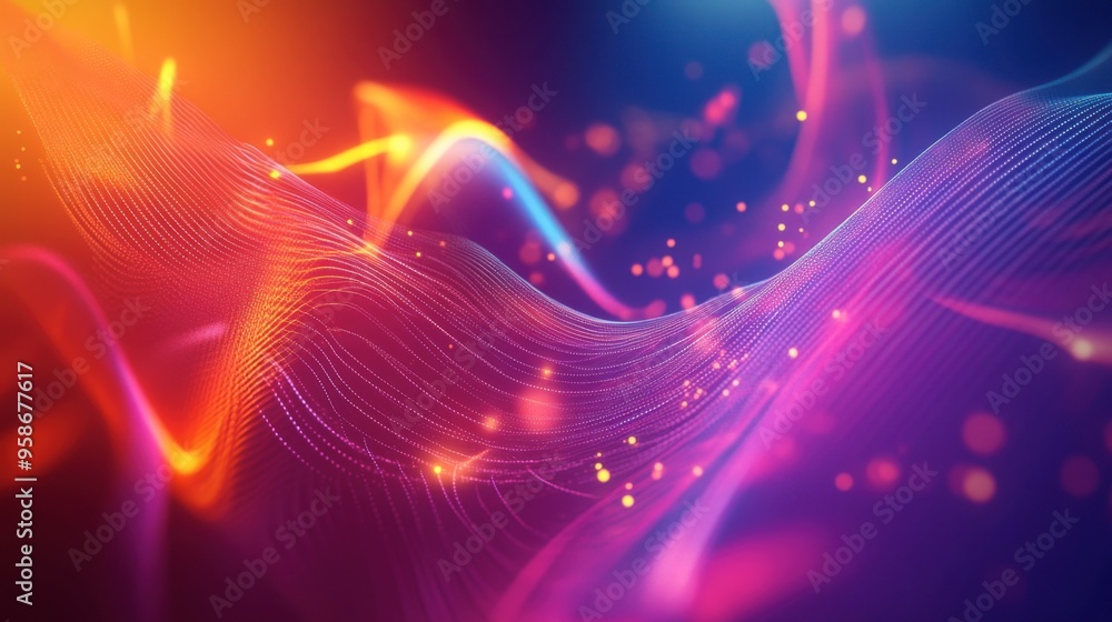 Poster a 3d abstract multicolor visualization with floating shapes and glowing lines, evoking a sense of fu