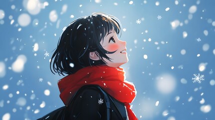 Anime Girl in Winter with Red Scarf and Falling Snow